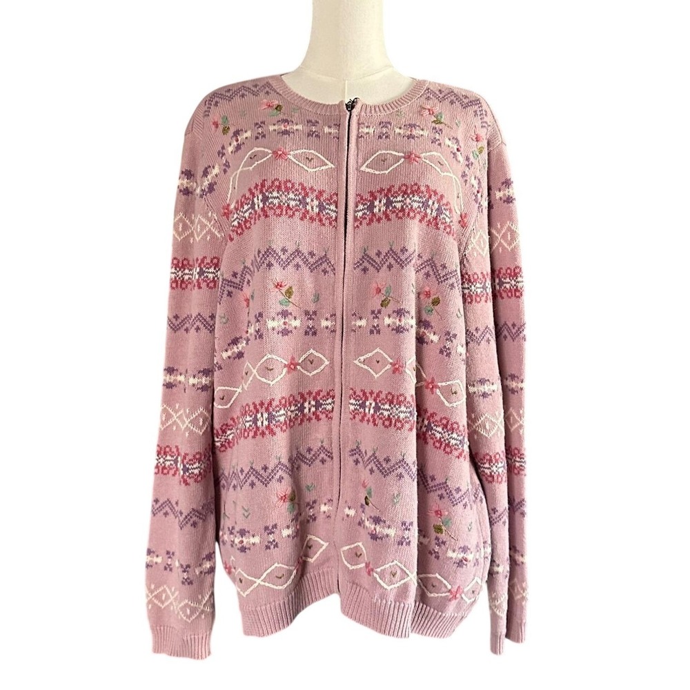 Vintage Alfred Dunner Floral Embroidered Zip-Up Cardigan Sweater, Purple Pink XL